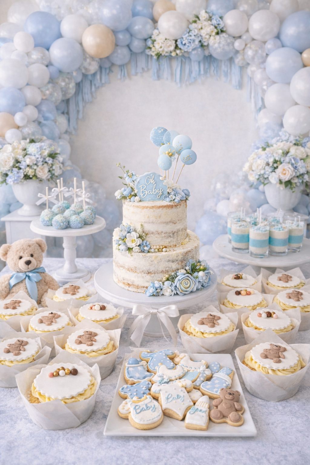 Baby shower cake and party setup with coordinated styling